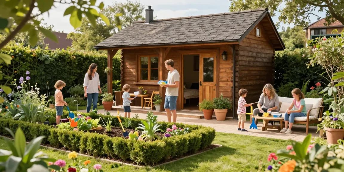 Gemütliches Gartenhaus umgeben von bunten Blumen und einer Familie, die im Garten spielt und arbeitet.