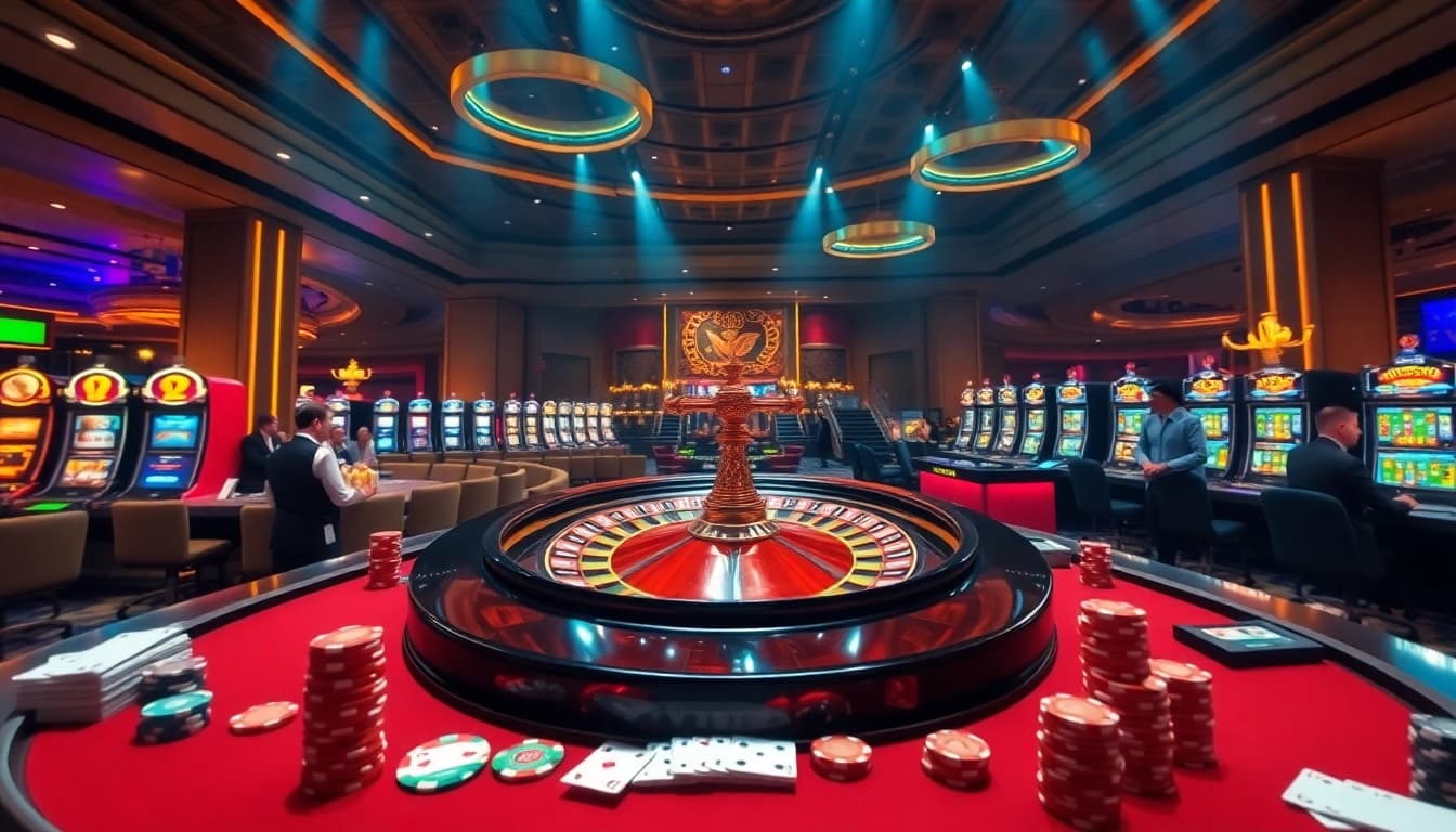 Experience thrilling games at https://u888u88.com/ with a captivating casino scene showcasing roulette and poker.