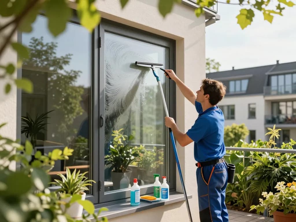 Professionelle Fensterreinigung im Raum Münster, die einen Reiniger zeigt, der streifenfreies Glas in einer üppigen Umgebung erreicht.