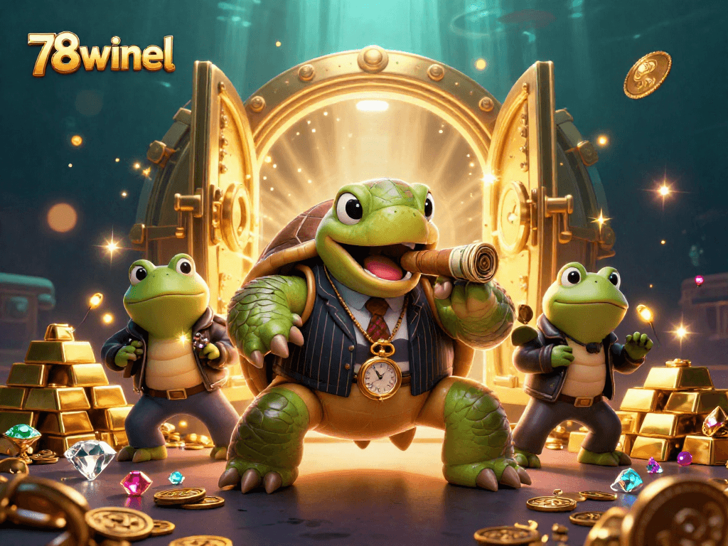 Engage with the dynamic world of 78winel as a massive snapping turtle celebrates gaming luck with dazzling treasures and exciting floor lights.