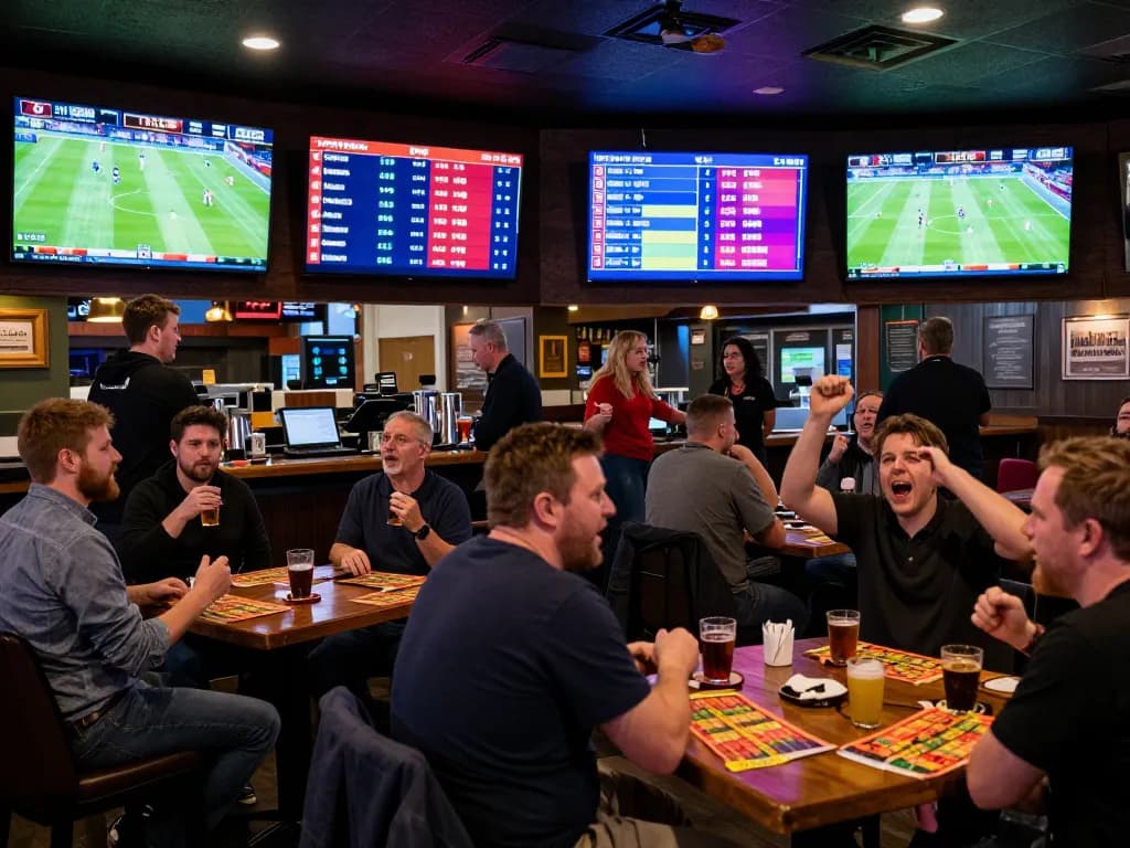 Engaged sports bettors analyzing odds on fc88on in a bustling sports bar atmosphere
