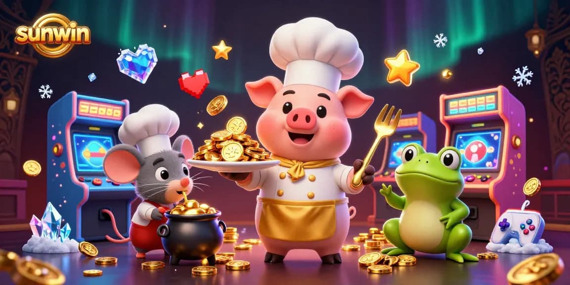Win big with Sunwin in this cartoon casino scene featuring a chef pig and golden delights.
