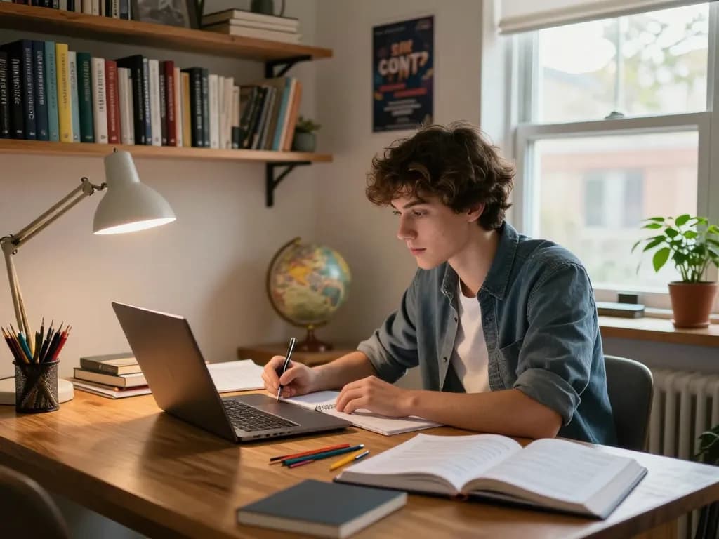 Student, der in einem gemütlichen Arbeitszimmer mit Hausaufgaben KI kostenlos auf einem Laptop lernt.