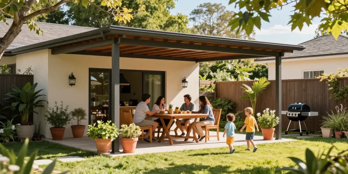 Terrassenüberdachung freistehend in einem einladenden Garten mit einer Familie, die entspannt unter dem Vordach sitzt.