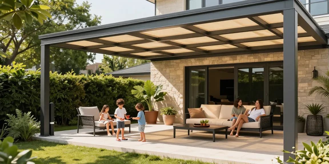 Moderne Terrassenüberdachung mit Familie im Garten, die den Sommer genießt