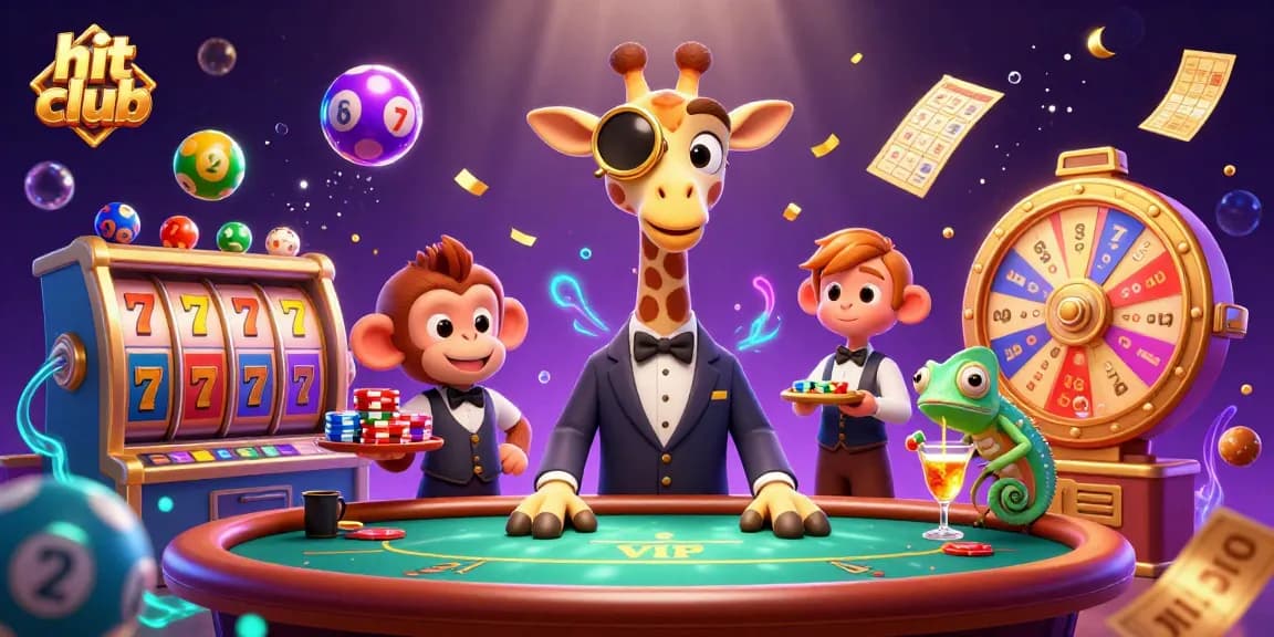 Hit club illustration with a high-roller giraffe at a poker table, vibrant casino elements.