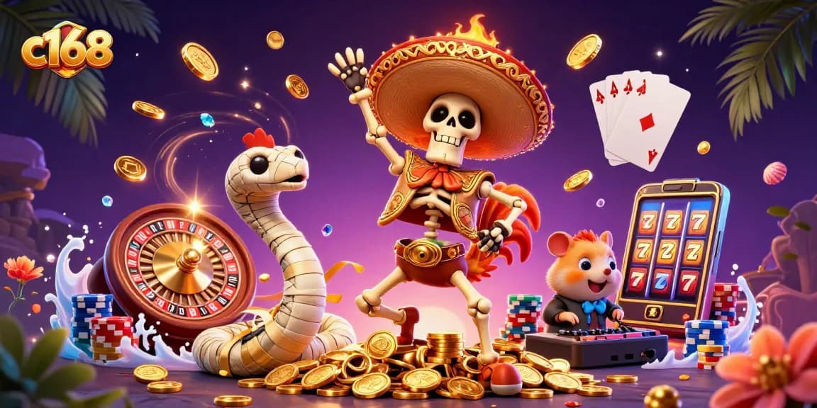 c168 celebrates winning strategies with vibrant casino characters and golden rewards in a dynamic 3D scene