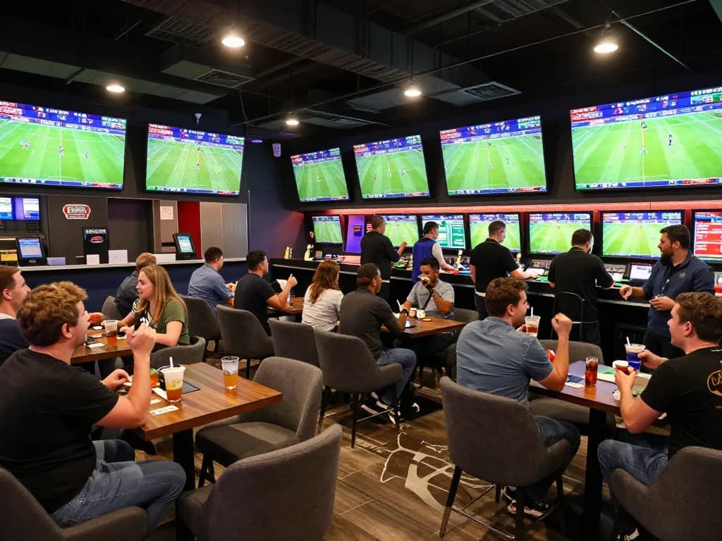 Fans engaging in kqbd sports betting with live match displays, drinks, and excitement.