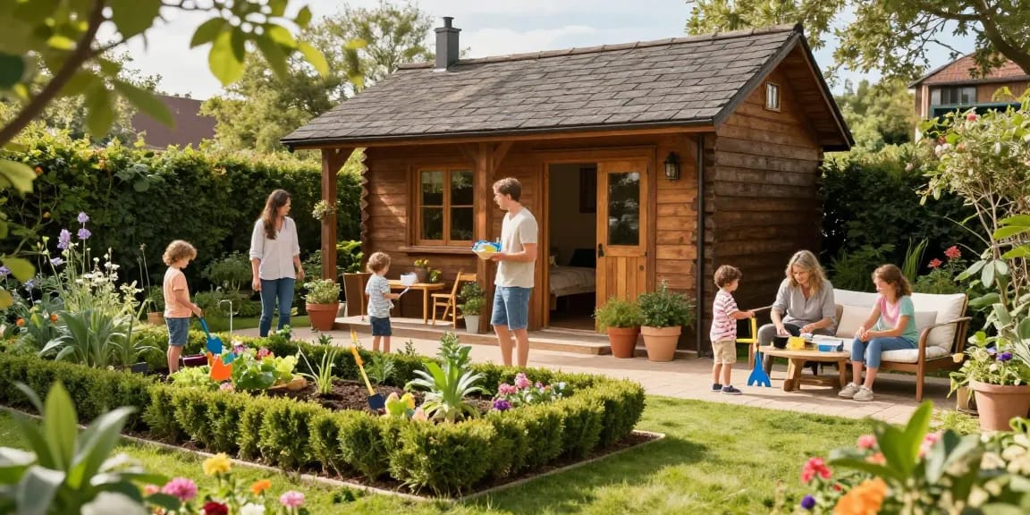 Gemütliches Gartenhaus umgeben von bunten Blumen und einer Familie, die im Garten spielt und arbeitet.