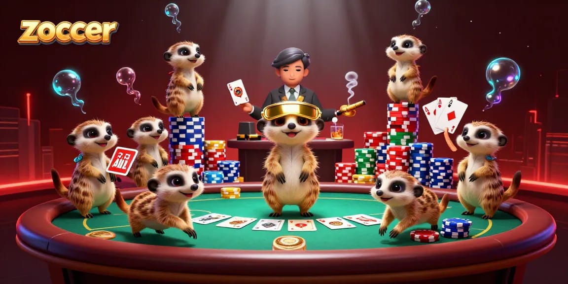 Zoccer meerkats engaging in a lively casino operation, showcasing poker elements and vibrant animations.