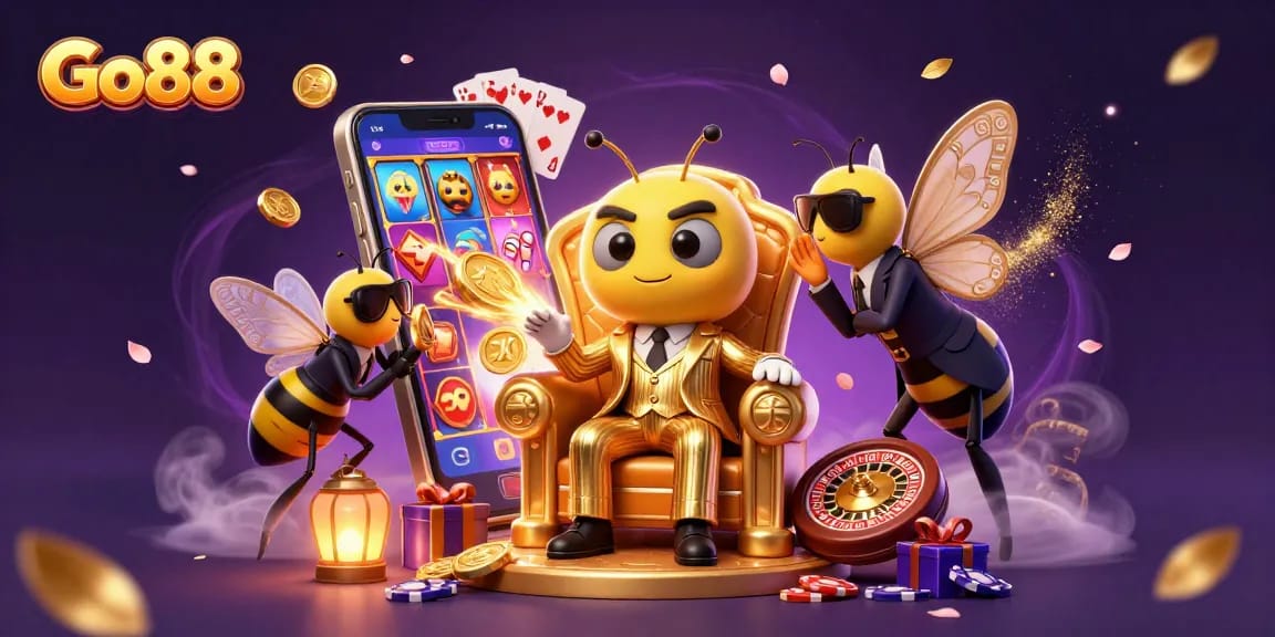 Play exciting games at Go88 with a vibrant 3D casino scene featuring animated characters and dynamic gaming elements.