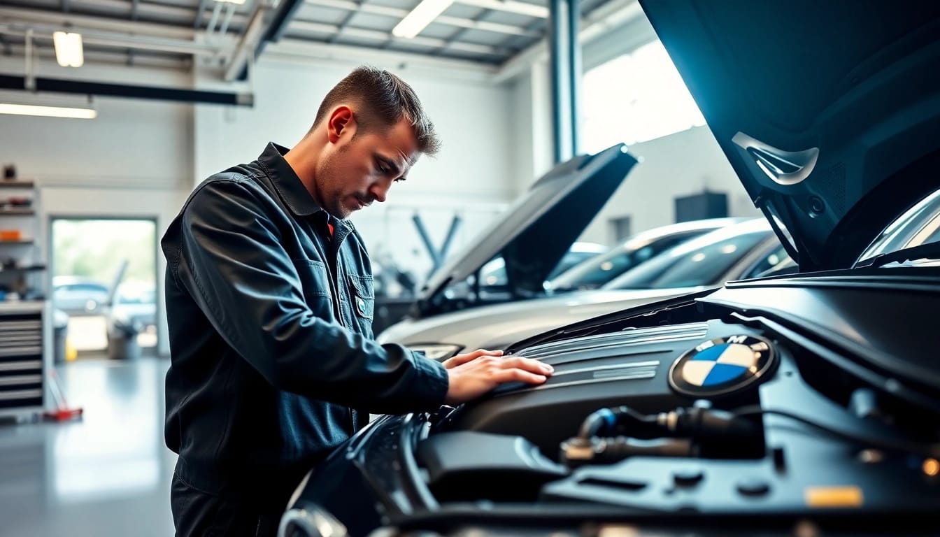 BMW Spezialist repariert ein Fahrzeug in einer modernen Werkstatt mit hochwertigen Werkzeugen.