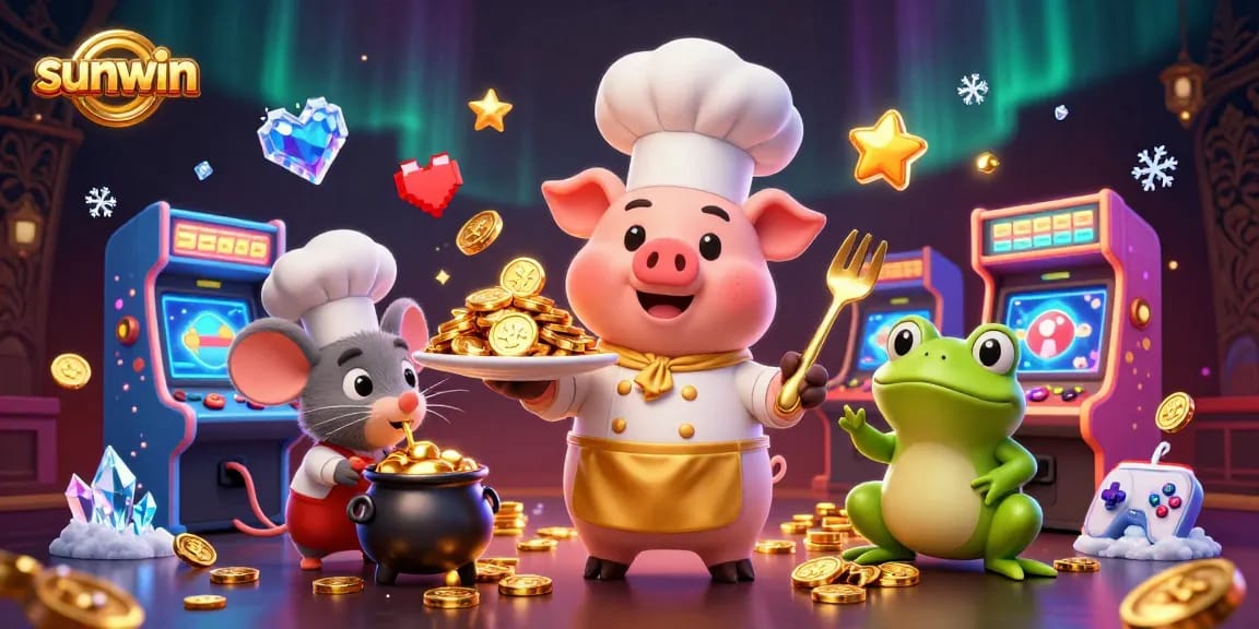 Win big with Sunwin in this cartoon casino scene featuring a chef pig and golden delights.