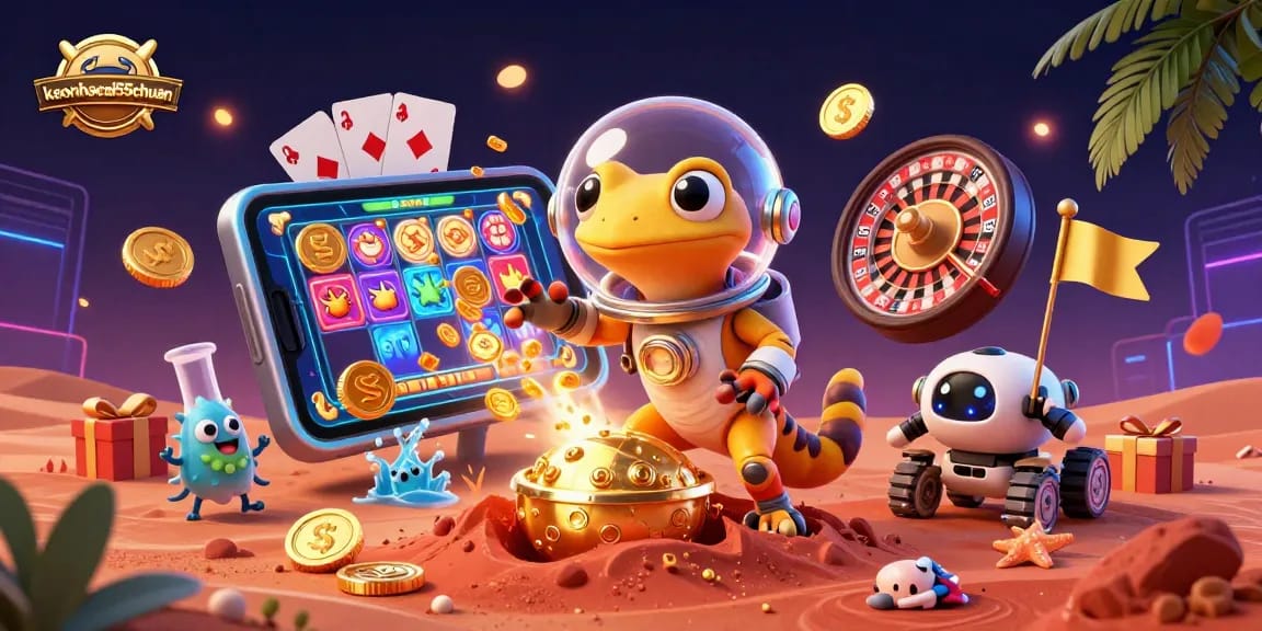Experience keonhacai55chuan with a Martian gecko discovering a golden casino, featuring vibrant gambling elements.
