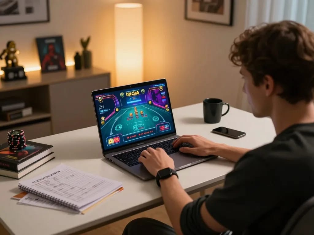 Player engaging in hitclub online gaming at home, laptop highlighting vibrant game interface