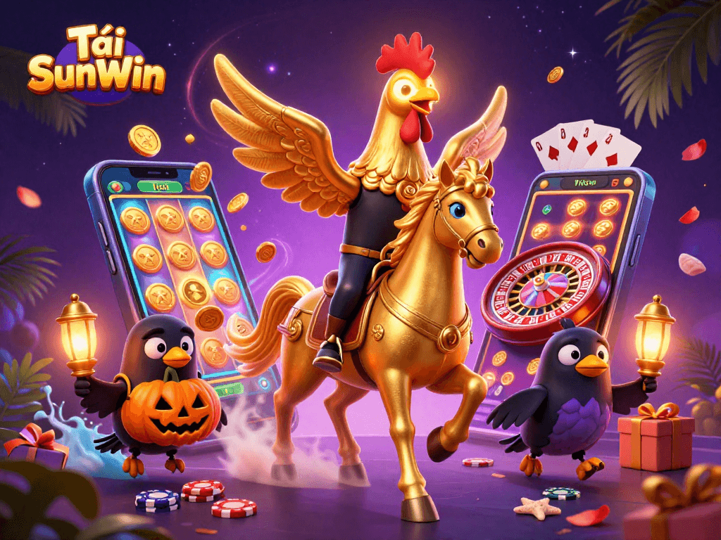 Tải SunWin expands your horizons with a vibrant 3D casino illustration featuring a golden rooster in a thrilling gameplay setup.