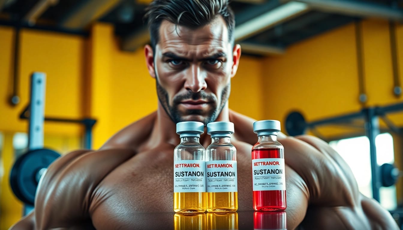 Sustanon kaufen in einer Trainingsumgebung mit einem Bodybuilder und Fitnessgeräten im Hintergrund.
