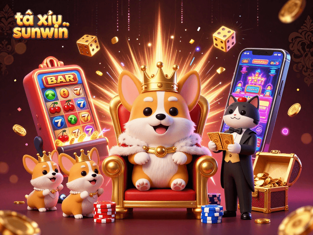 Tài xỉu sunwin brings excitement with a royal corgi and slot machine bursting with coins