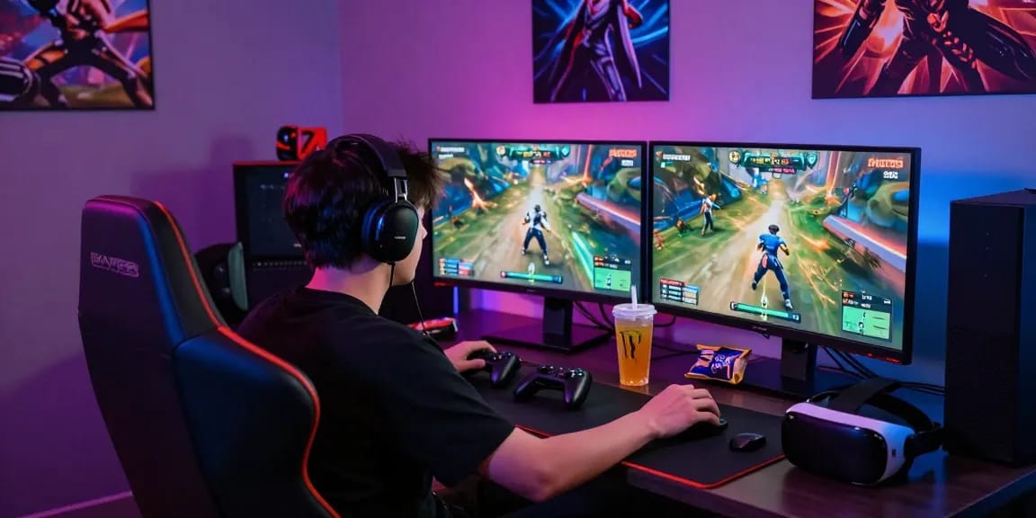ผู้เล่นที่สนุกกับการเล่น playme8 sbo ในบรรยากาศเกมส์ที่น่าตื่นเต้น พร้อมคอมพิวเตอร์และอุปกรณ์เกมส์