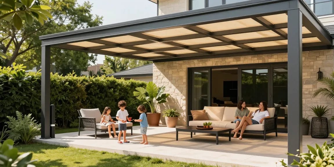 Moderne Terrassenüberdachung mit Familie im Garten, die den Sommer genießt