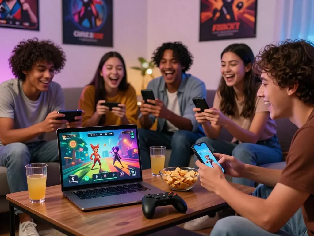 Group of friends enjoying a free sex game on different devices in a cozy living room setting.