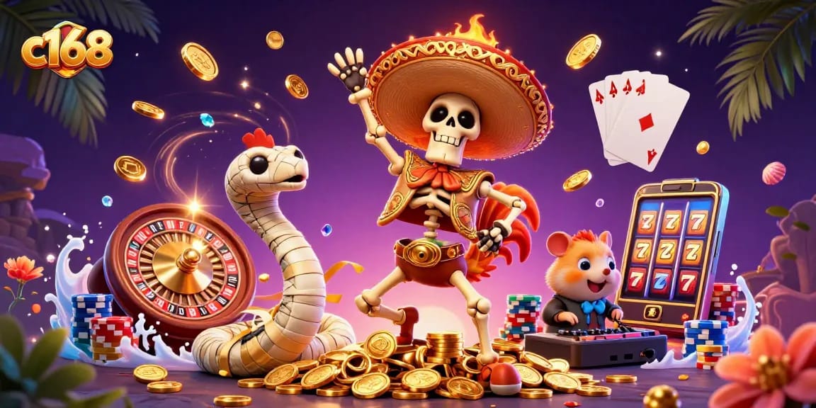 c168 celebrates winning strategies with vibrant casino characters and golden rewards in a dynamic 3D scene
