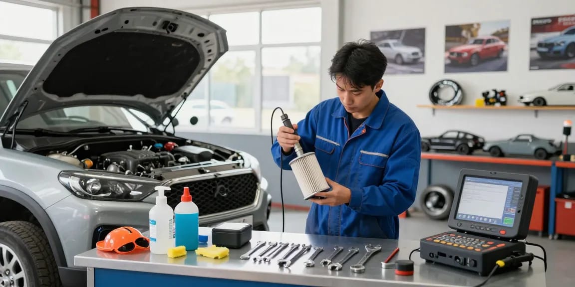 Professioneller Mechaniker reinigt den DPF mit hochwertigen Werkzeugen, um optimale Funktion zu gewährleisten.
