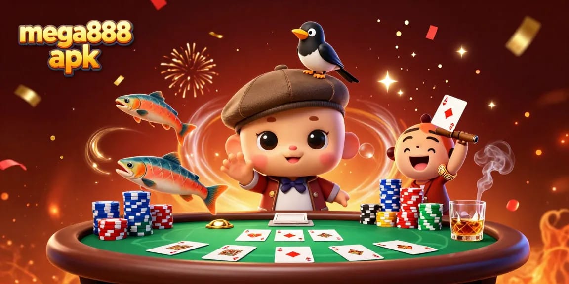 Experience the excitement of mega888 apk with a vibrant 3D casino scene featuring cute characters and dynamic gaming elements.