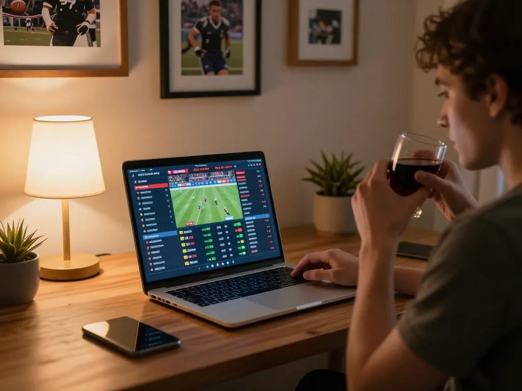 Engaging in 7m sports betting with laptop while analyzing odds and enjoying the game environment.