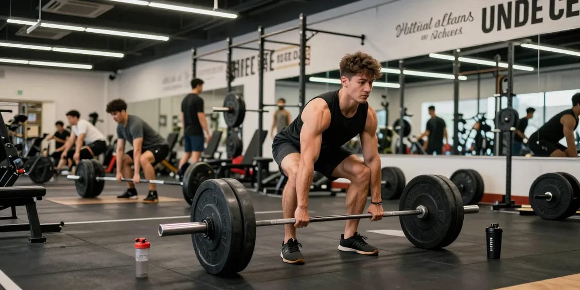 Selliza Shop: Athlet beim Gewichtheben im modernen Fitnessstudio mit motivierender Atmosphäre