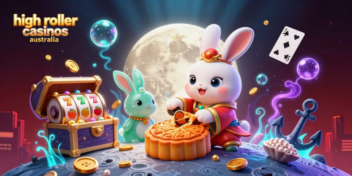 Experience high roller casinos australia with vibrant moon rabbit scene revealing poker chips.