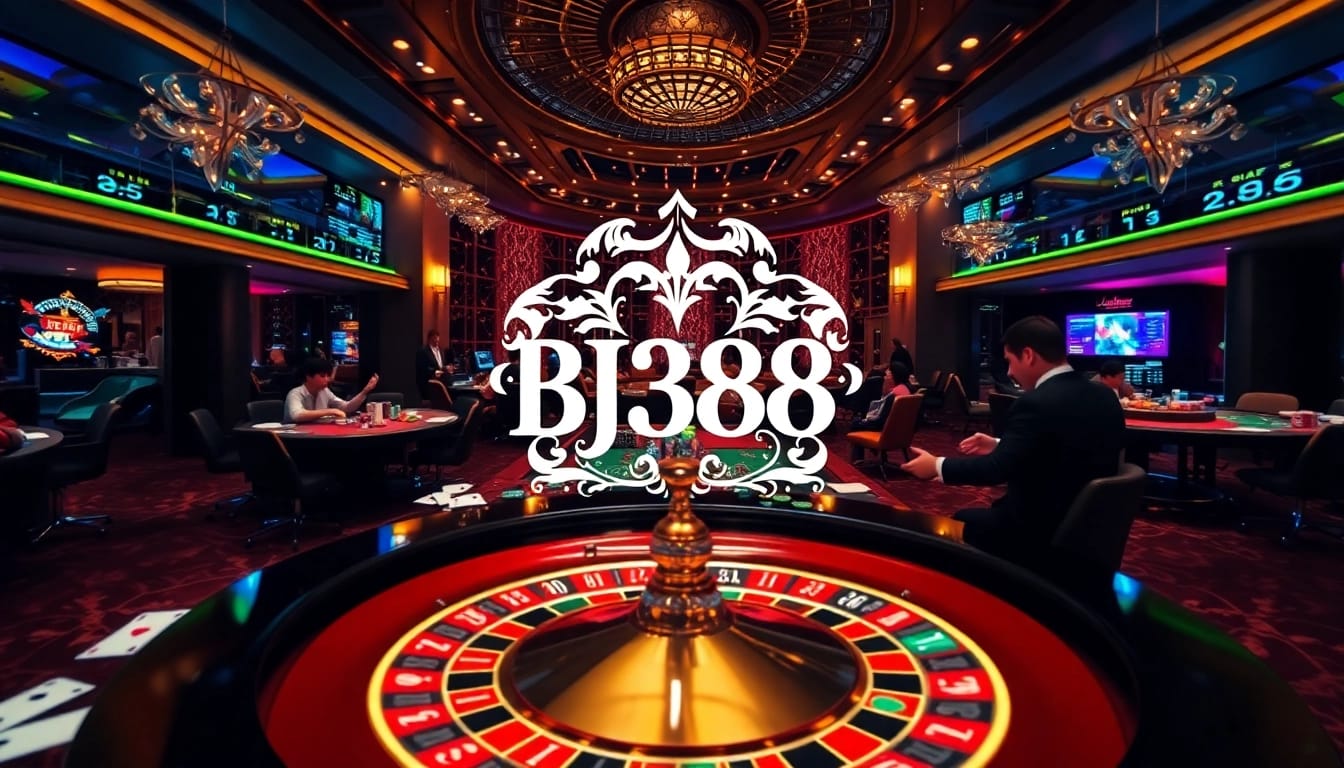 Experience thrilling gambling at BJ388 with immersive casino visuals featuring roulette, dice, and vibrant tables.