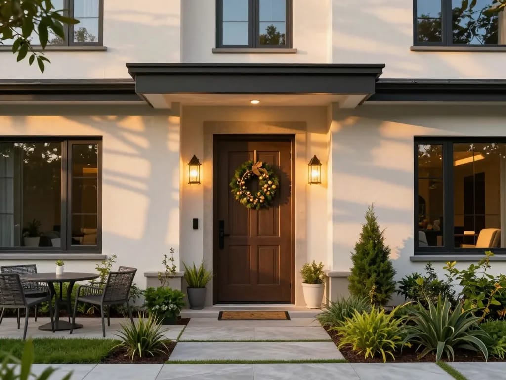 Stilvolle Haustür, die den modernen Hauseingang mit einladenden Porch-Lichtern und üppigem Grün verbessert.