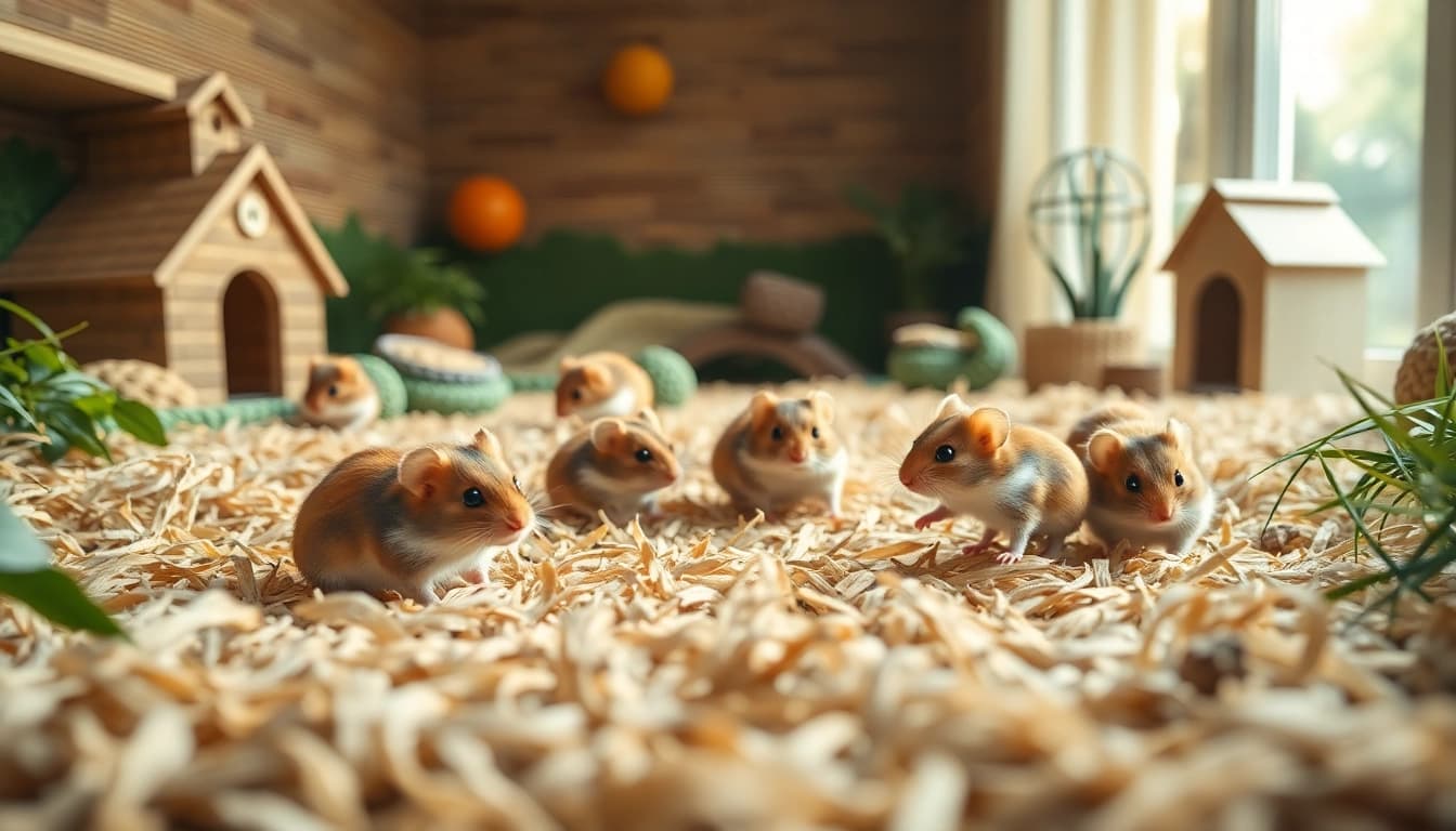 Nagermatte in einem gemütlichen Hamstergehege mit natürlichen Fibern und spielenden Nagetieren.