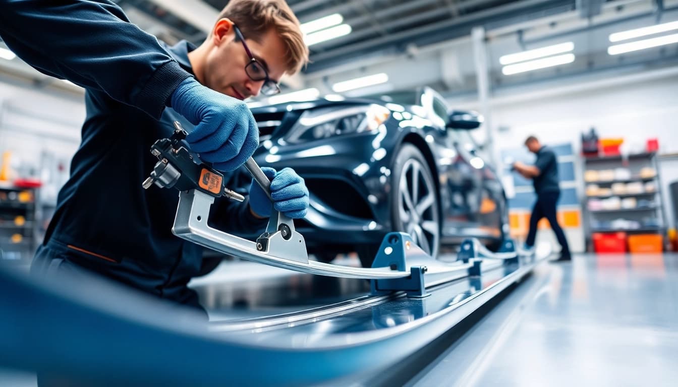 Auto Kufen wird von einem Mechaniker in einer modernen Werkstatt geprüft.