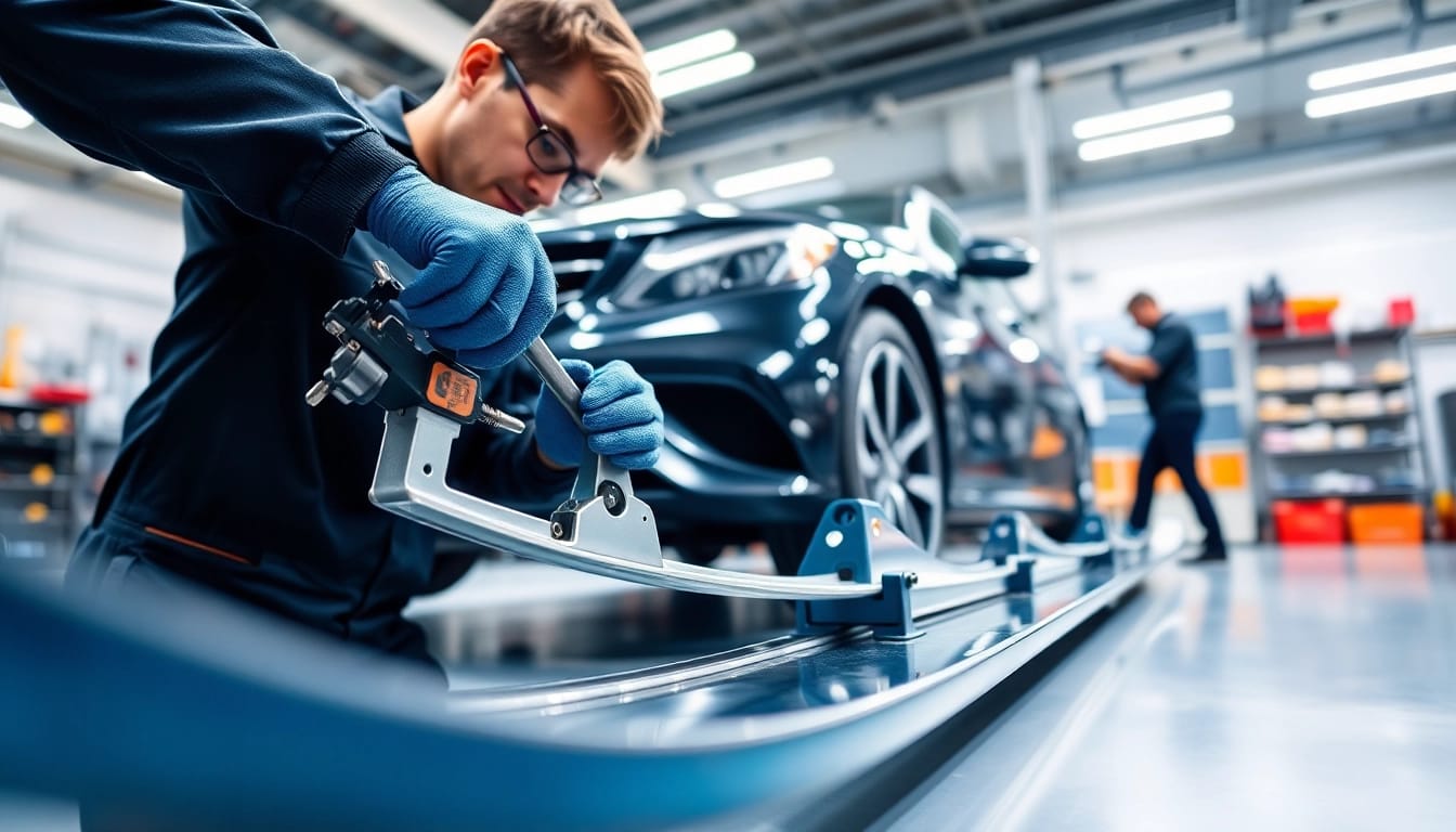 Auto Kufen wird von einem Mechaniker in einer modernen Werkstatt geprüft.