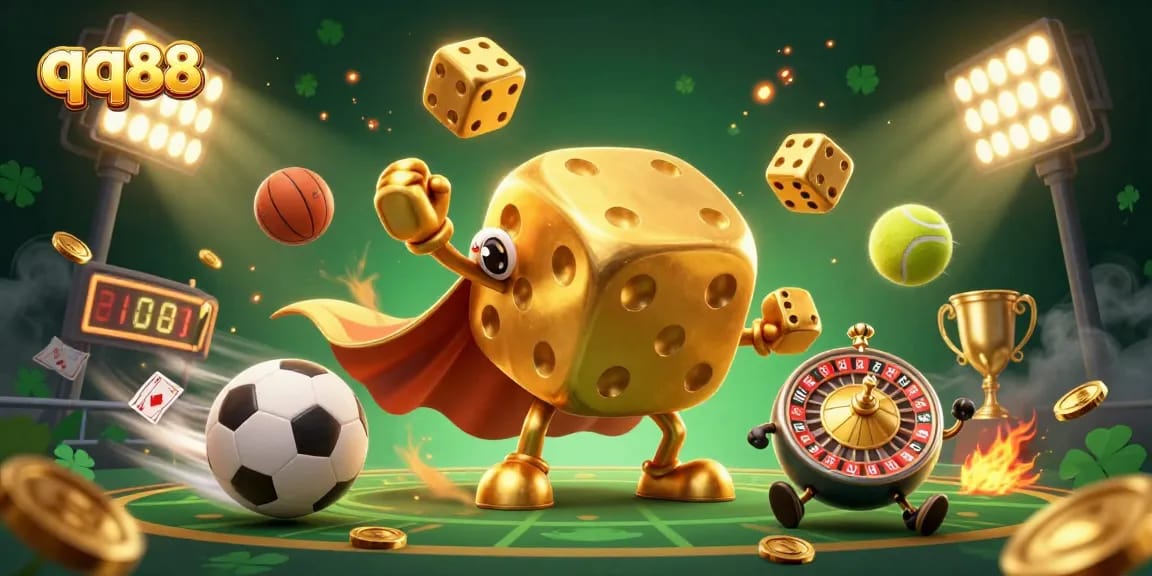 Experience the thrill of betting with qq88's vibrant 3D illustration showcasing dynamic casino action and golden luck.