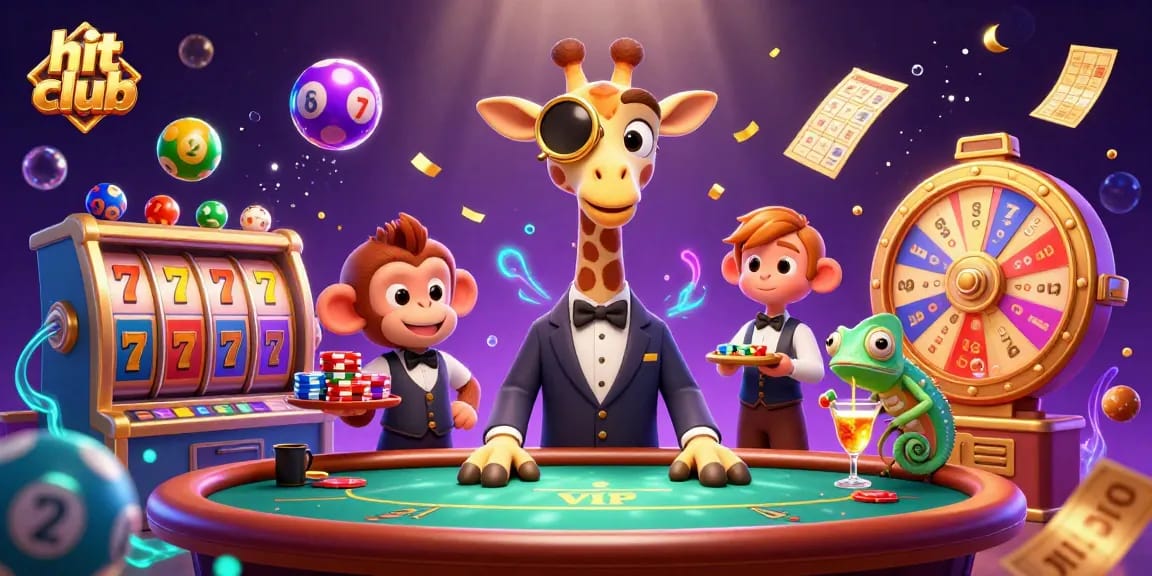 Hit club illustration with a high-roller giraffe at a poker table, vibrant casino elements.