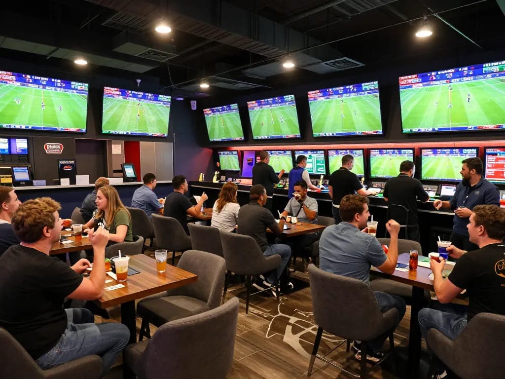 Fans engaging in kqbd sports betting with live match displays, drinks, and excitement.