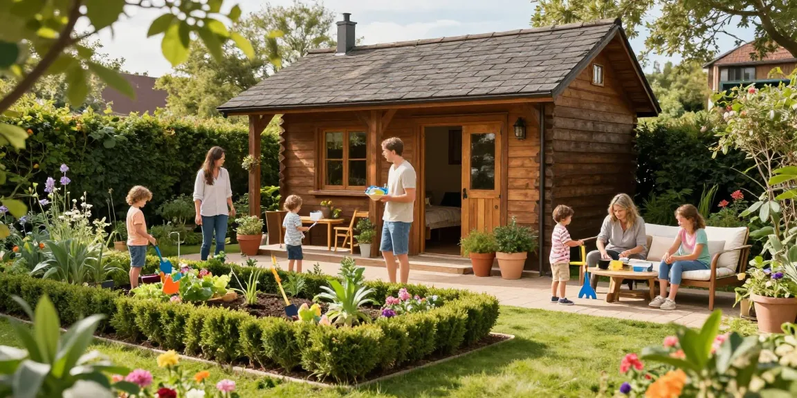 Gemütliches Gartenhaus umgeben von bunten Blumen und einer Familie, die im Garten spielt und arbeitet.