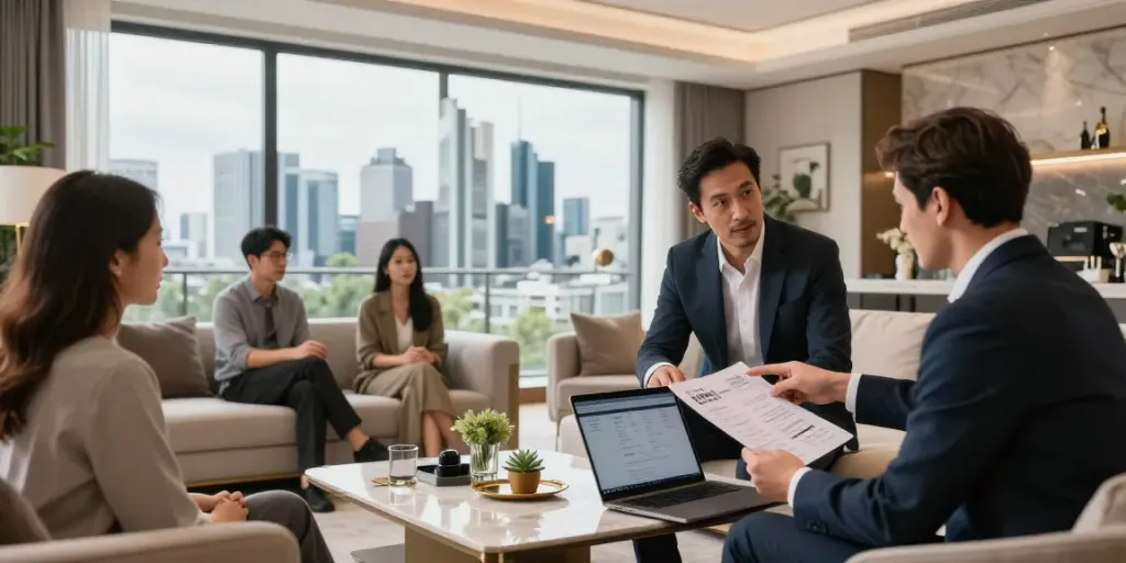 Bester Immobilienmakler Frankfurt berät Kunden in modernem Immobilienbüro mit Blick auf die Frankfurter Skyline.