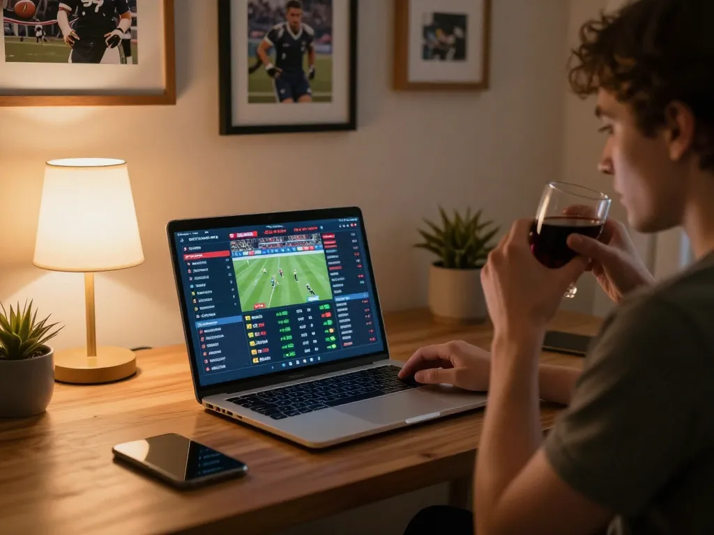 Engaging in 7m sports betting with laptop while analyzing odds and enjoying the game environment.