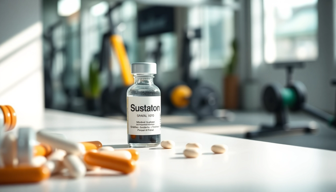 Sustanon kaufen: Professionelles Bild einer Vial Verpackung mit Fitnesszufügen im Vordergrund