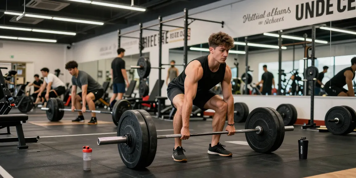 Selliza Shop: Athlet beim Gewichtheben im modernen Fitnessstudio mit motivierender Atmosphäre