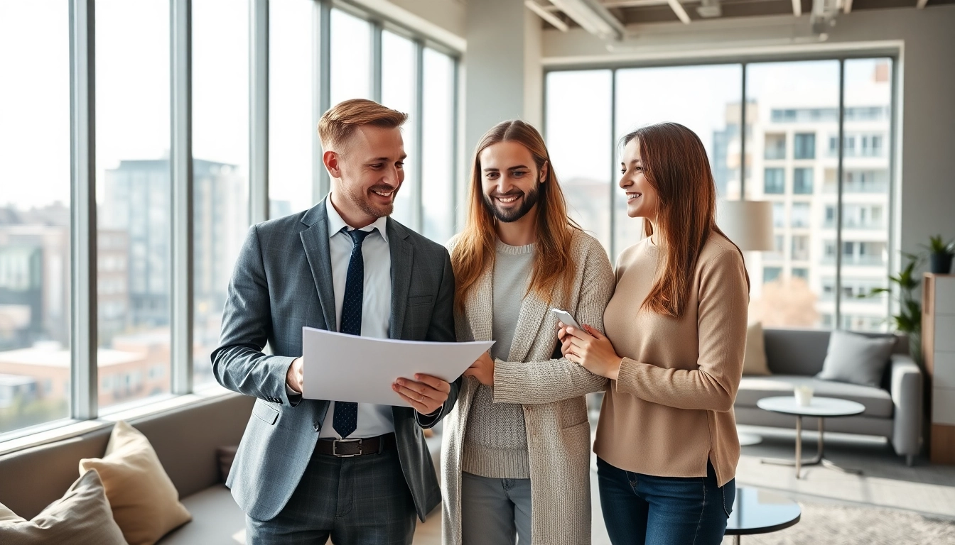 Immobilienmakler Frankfurt Sachsenhausen berät ein junges Paar in einem modernen Büro.