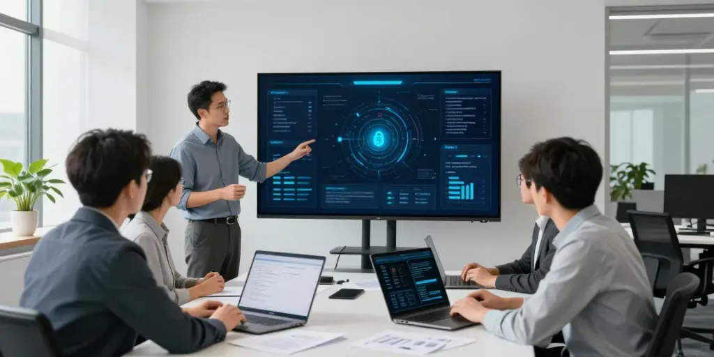 IT-Sicherheitsdienstleister präsentiert Lösungen in moderner Büroumgebung.