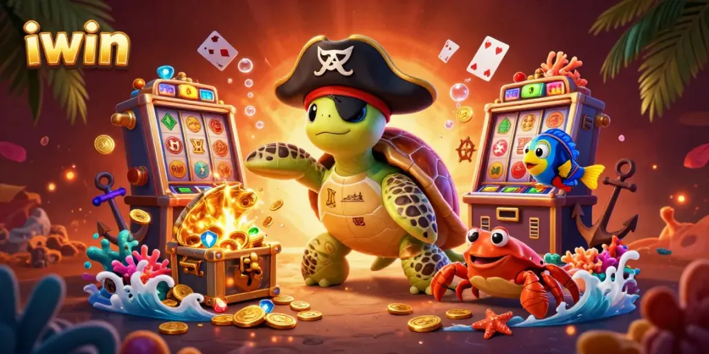 Join the fun at iwin with a vibrant illustration featuring a pirate turtle, slot machines, and casino elements.