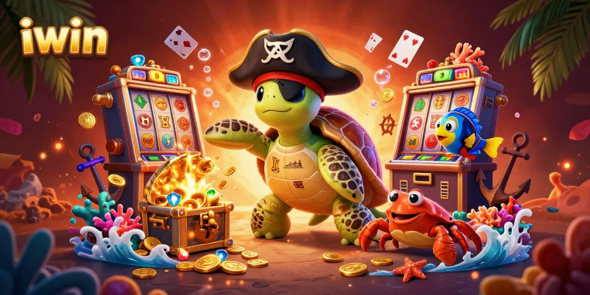 Join the fun at iwin with a vibrant illustration featuring a pirate turtle, slot machines, and casino elements.