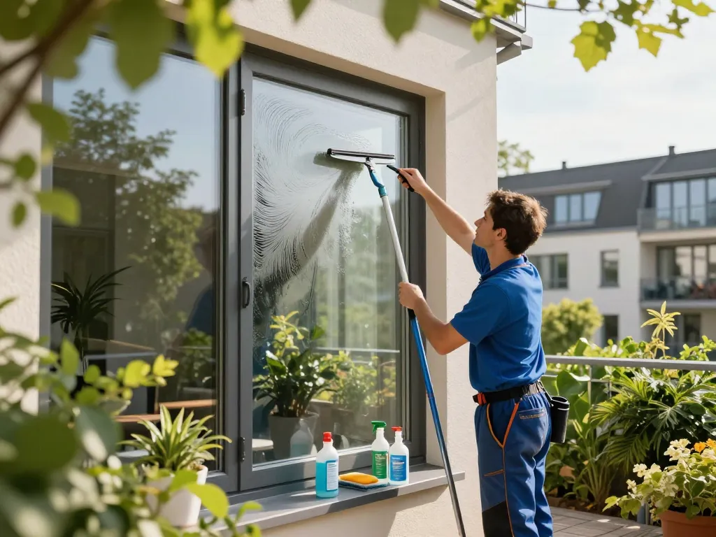 Professionelle Fensterreinigung im Raum Münster, die einen Reiniger zeigt, der streifenfreies Glas in einer üppigen Umgebung erreicht.