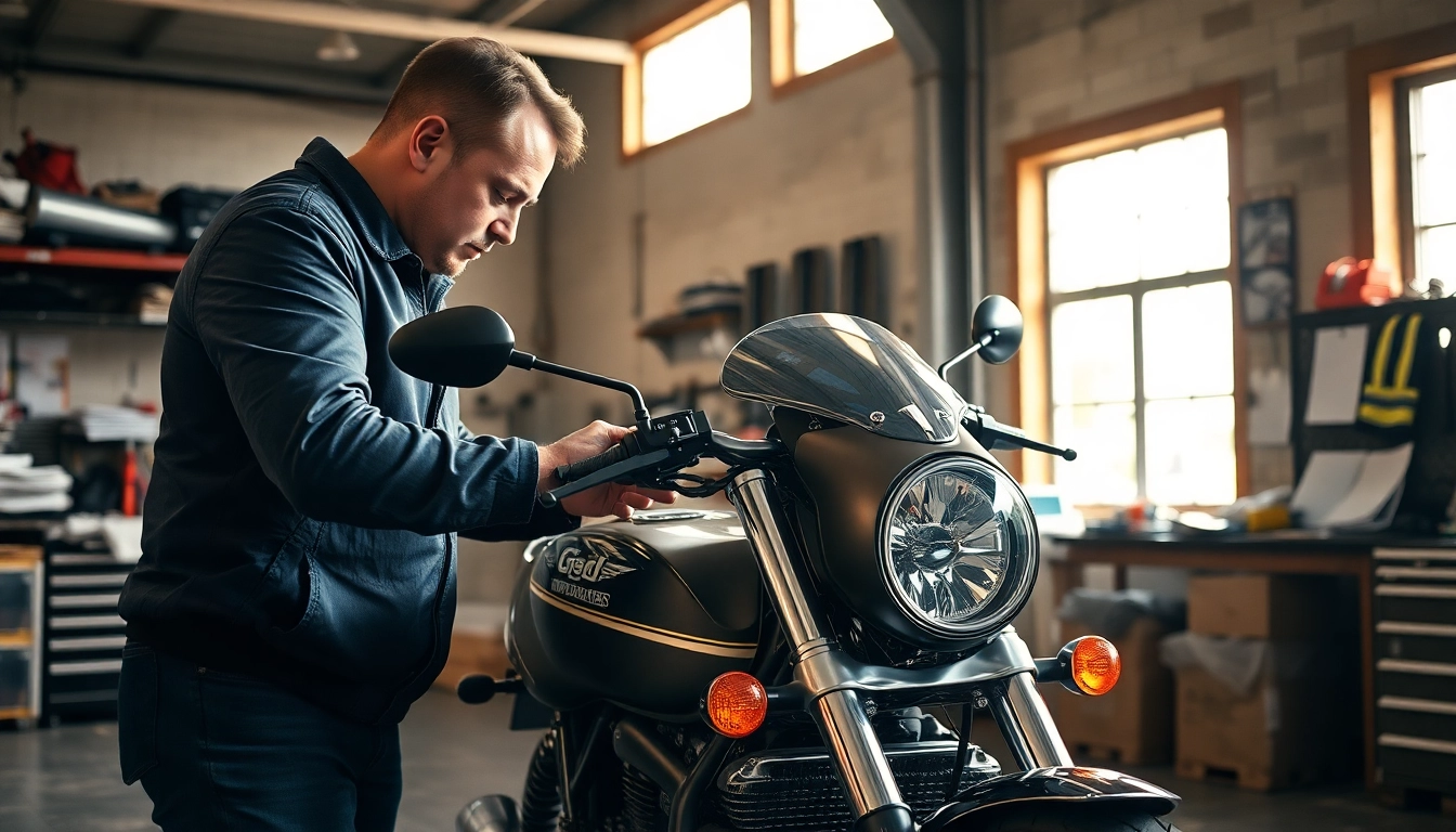 Motorrad Gutachter überprüft ein Motorrad in einer professionellen Werkstatt.